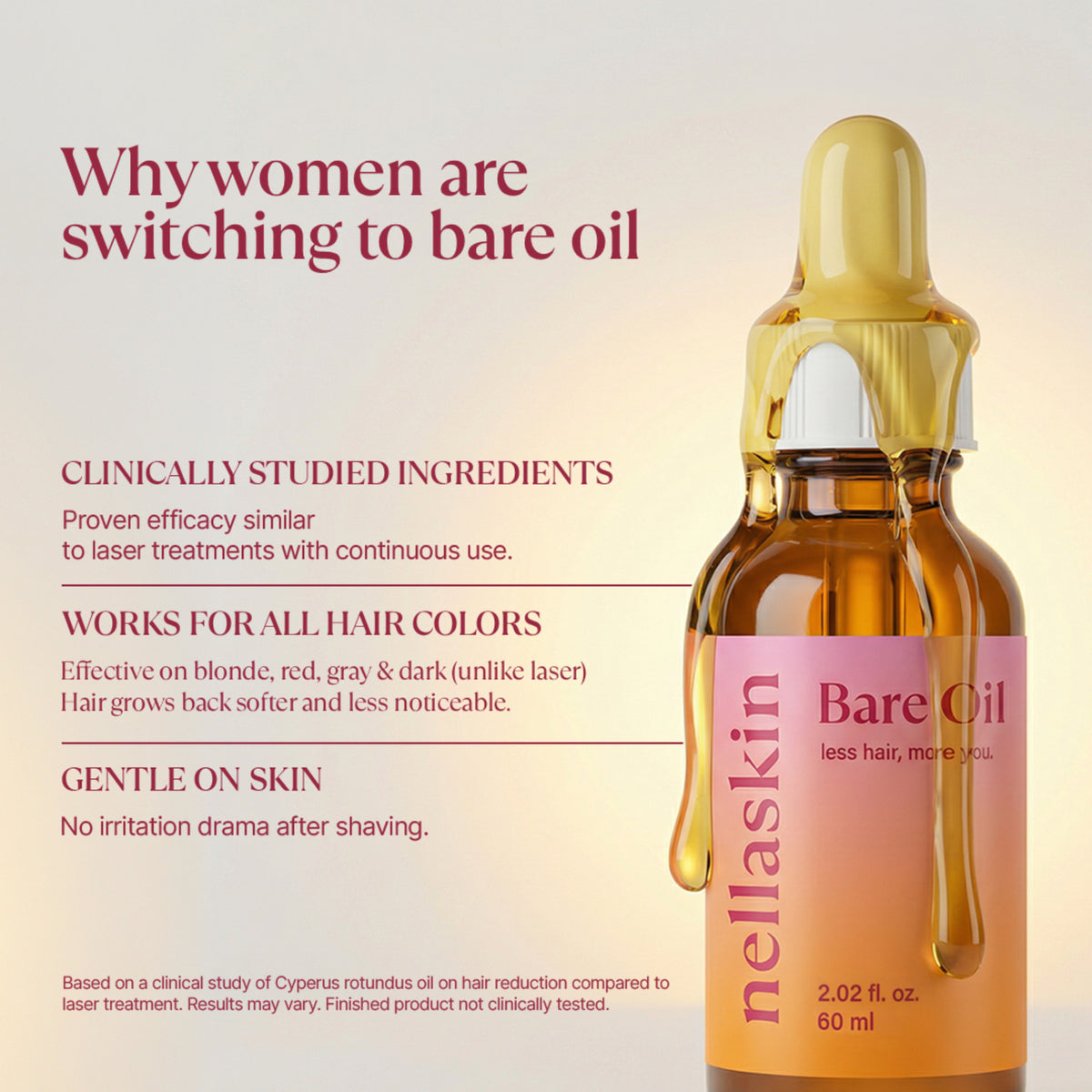 nellaskin bare oil. less hair, more you. nellaskin
