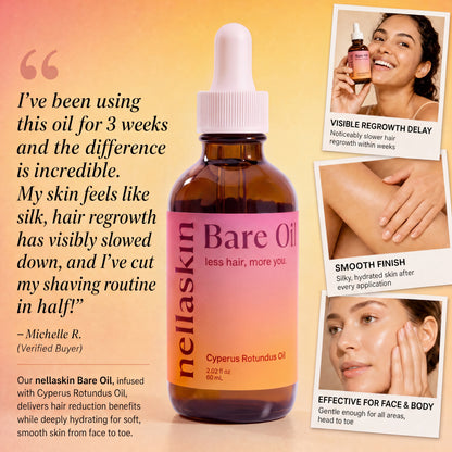 nellaskin bare oil. less hair, more you. nellaskin